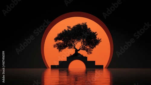 Silhouette bonsai tree in an orange sun portal, dark background