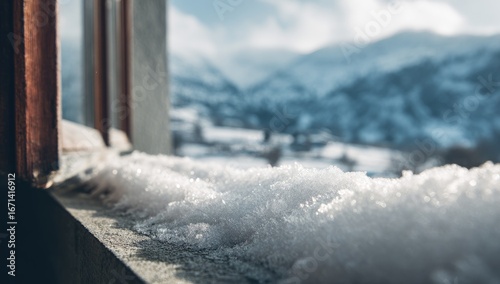 Snow-covered windowsill, mountain view