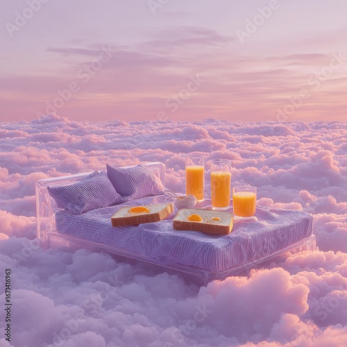 Floating bed with breakfast atop clouds, pastel colors