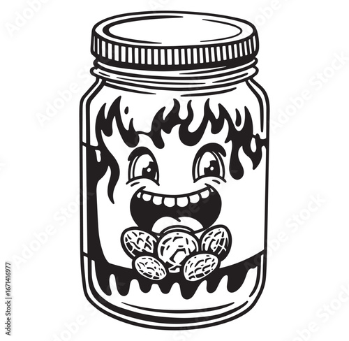 Cartoon peanut butter jar illustration smiling with nuts in a black and white design