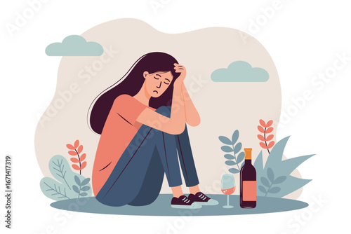 Sad woman sitting on the ground with bottle and glass of wine. Alcohol abuse, addiction, depression concept
