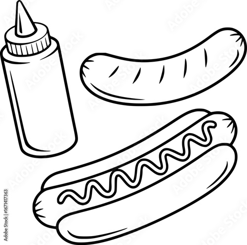 A simple line drawing of a hot dog with mustard, a sausage, and a squeeze bottle