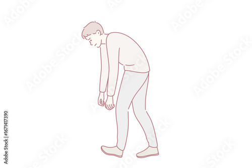 Overwork, tiredness, exhaustion at work concept. Young tired stressed businessman cartoon character walking with hand and back down vector illustration