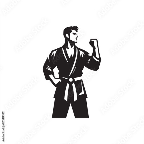 Silhouette of a Confident Martial Artist in a Karate Uniform Ready to Fight.