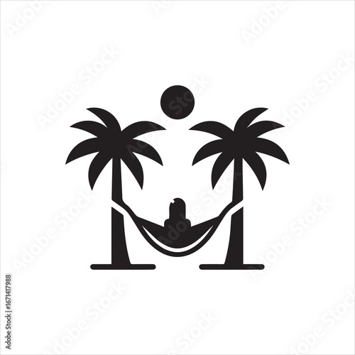 Silhouette of a person relaxing in a hammock between two palm trees under the sun.