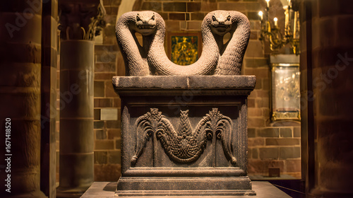 A fossilized two-headed serpent emerging dramatically from stone under museum lighting, evoking ancient mysteries.  

