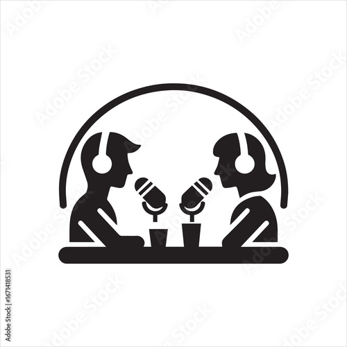 Silhouetted Podcast Duo with Microphones Headphones and Table.
