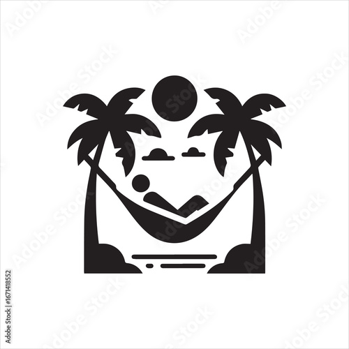 Silhouette of a person relaxing in a hammock between two palm trees.