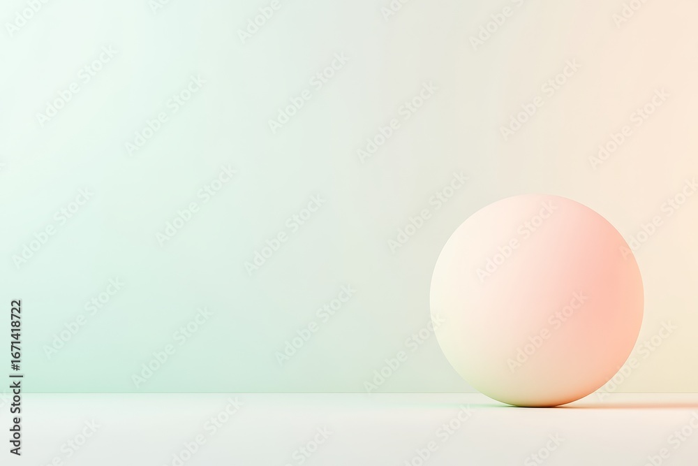 Fototapeta premium A smooth sphere rests on a flat surface, reflecting a subtle gradient of pastel colors against a softly blurred background, creating tranquility