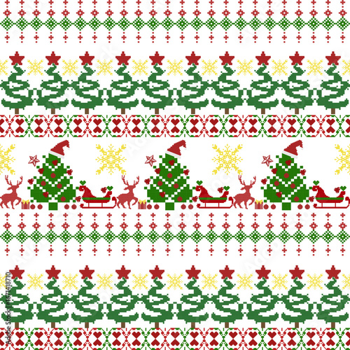 Green and red seamless Christmas tree pattern. Vector illustration. Cross-stitch Christmas pattern. Ideas for wallpaper, pattern fills, web page backgrounds, and surface textures.