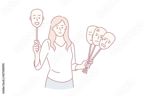 Choosing mood of day concept. Young female cartoon character standing with various emotions masks choosing right for moment vector illustration