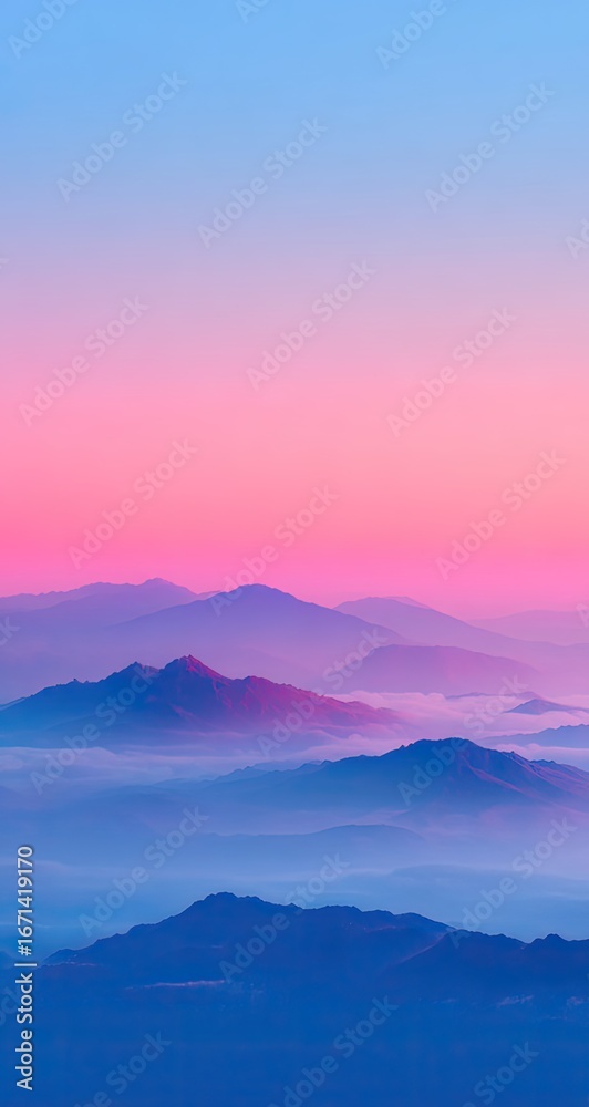 Fototapeta premium Pink sunrise over misty mountain range, aerial view, peaceful landscape, travel poster