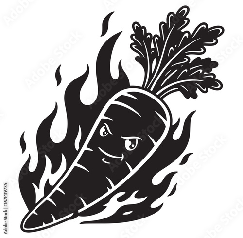Fierce and fiery carrot illustration in black and white with flaming details and a bold expression
