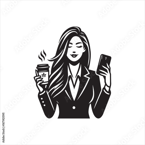 Smiling businesswoman in suit holding steaming coffee and smartphone.