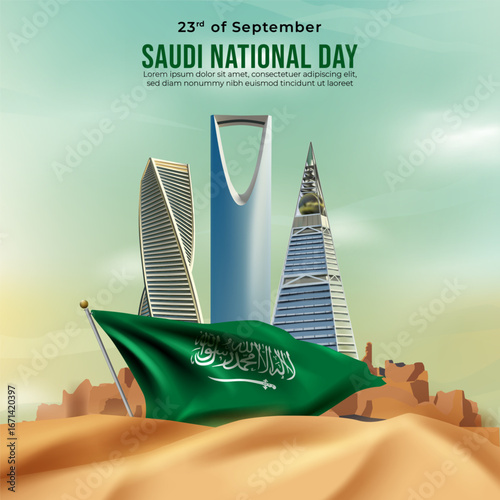 saudi arabia building and green flag realistic vector banner graphic design national day