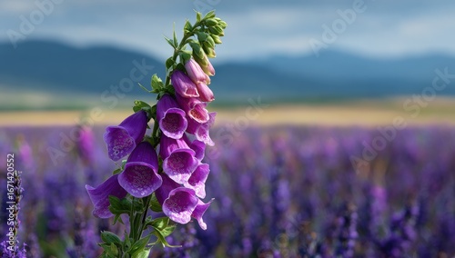 Close-up of vibrant purple foxglove flower in a field of lavender