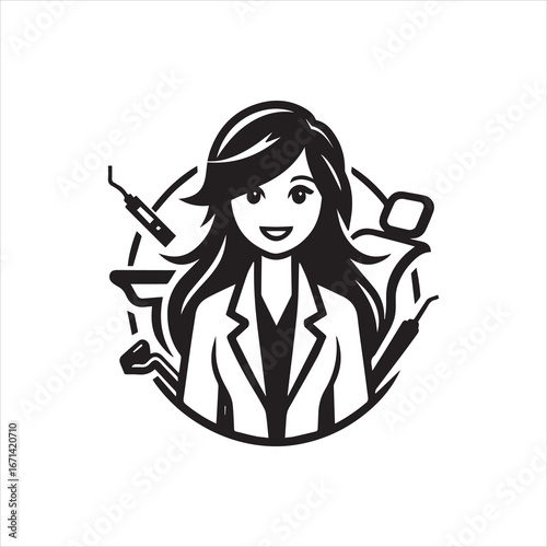 Smiling Female Dentist with Dental Tools in a Circular Logo Design.