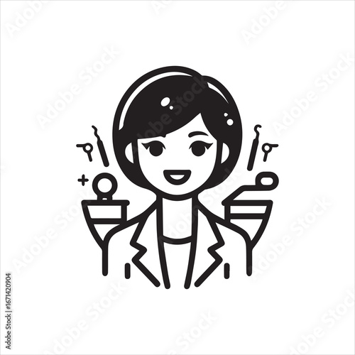 Smiling Dentist with Tools Depicted in a Clean Minimalist Style.