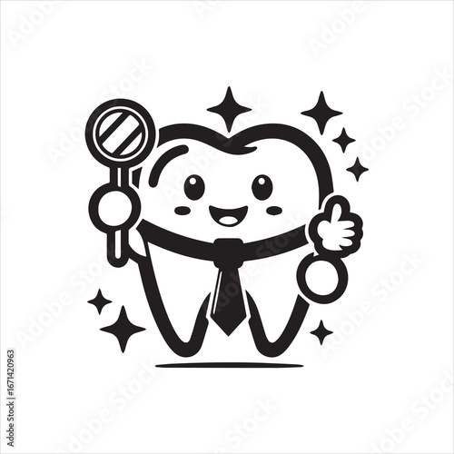 Smiling Tooth Character with Magnifying Glass and Thumbs Up Gesture.