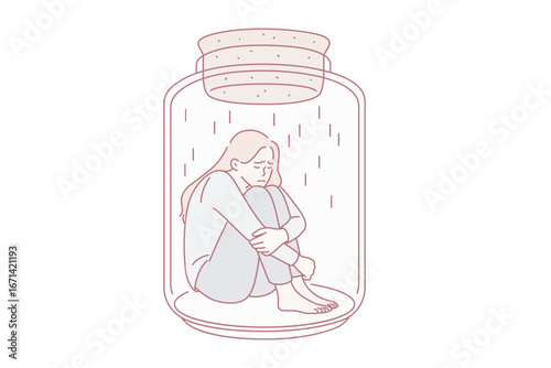 Depression and mental health concept. Young stressed sad woman sitting in glass jar embracing knees feeling bad vector illustration
