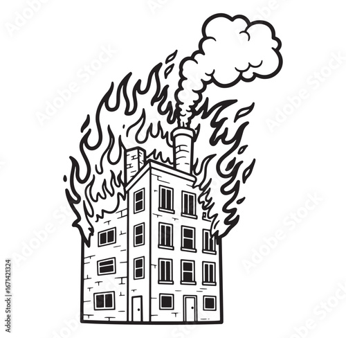 Illustration of a burning building with fire and smoke graphic in a simple black and white style