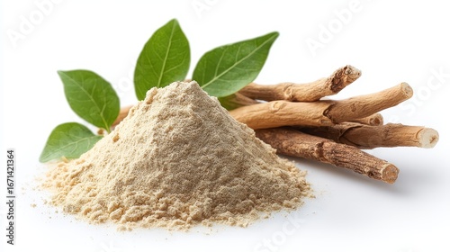 A 4K photo of ashwagandha root and powder isolated on white background with natural light exposure, nutrition, plant, nutrition, plant.