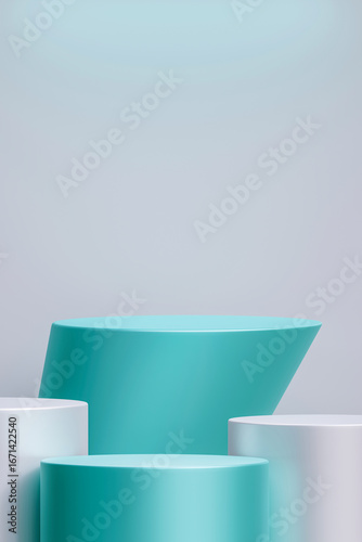 Abstract Pastel Green and White Cylinders Product Display, 3D Silver and Cyan Podium for Product Display