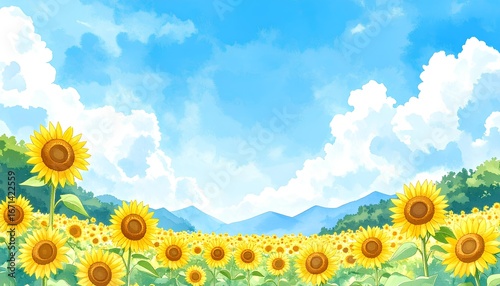 watercolor illustration of sunflower field with blue sky background