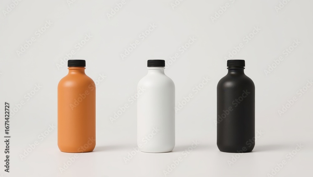 custom made wallpaper toronto digitalThree blank, matte-finished bottles in orange, white, and black stand in a simple, minimalist arrangement against a bright backdrop.