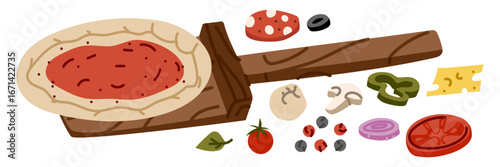 Pizza raw on wooden spatula is ready for toppings. Toppings to choose from. Sausage, spinach, cheese, olives, peppers, more. Flat color illustration. Fast food, homemade pizza. Marketing for pizzeria