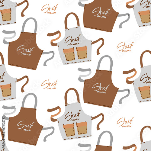 Pattern of different aprons with ties and the text ITALIAN CHEF. With and without pockets. Uniform for an Italian chef. Flat color seamless texture. Highest quality fabric and leather, hand-sewn