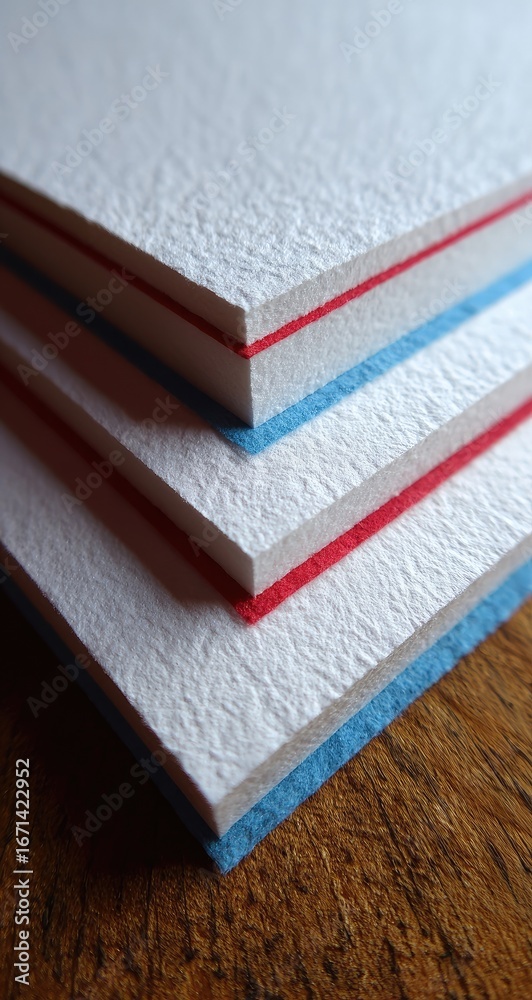 Fototapeta premium Close-up of layered white paper with red and blue borders