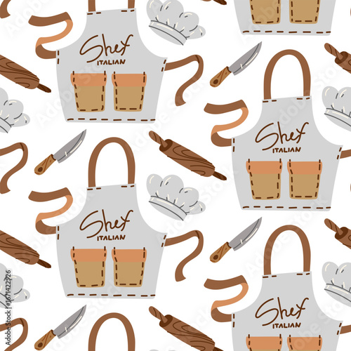 Pattern of an apron with ties and the inscription ITALIAN CHEF, chef's hat, wooden rolling pin and chef's knife with a wooden handle. Flat color seamless texture. Items necessary in the kitchen