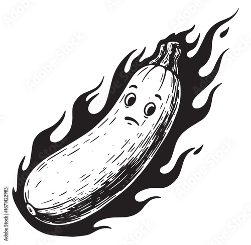 Sad cartoon zucchini character burning in flames illustrating the concept of being cooked