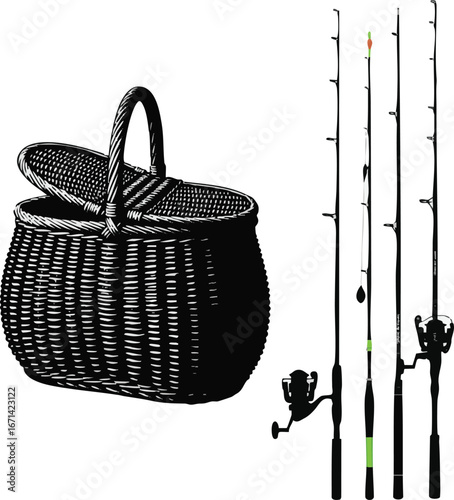  Isolated need kinds of feeder rod for fishing and A Fish basket victor art silhouette with white Background
