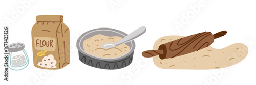 Dough preparation set. Flour, salt, kneading in plate, rolling out dough with rolling pin. Flat color isolated illustration. Food products, process of preparing dough for baking from rolled thin dough