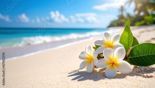 Fototapeta Naklejka Na Ścianę i Meble -  frangipani flowers on the beach with copy space