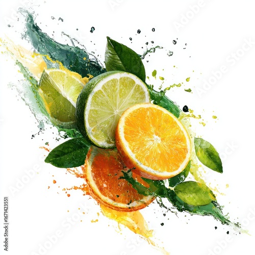 fruit slices and green leaves isolated on white splash