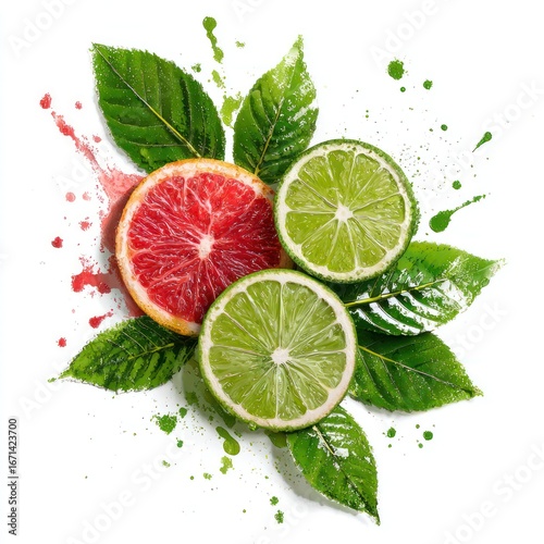 fruit slices and green leaves isolated on white splash