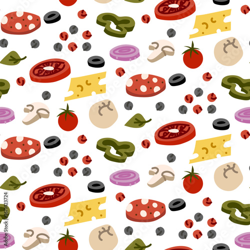 Pattern of whole and sliced products for pizza toppings. Cheese, sausage, peppers, mushrooms, tomatoes, olives, and onions. Flat color seamless texture. Cute kitchen texture for towels and napkins