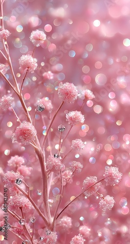 Delicate pink flowers on a branch, bokeh background