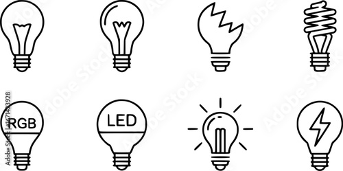 Collection of light bulb icons: Incandescent, LED, CFL, broken, and more
