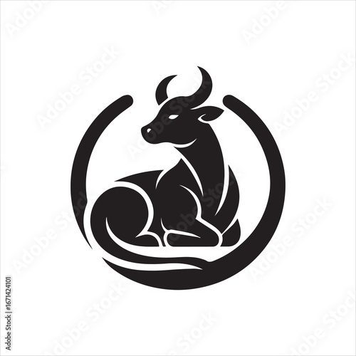 Stylized Black Bull Resting Within a Circular Decorative Frame Design.