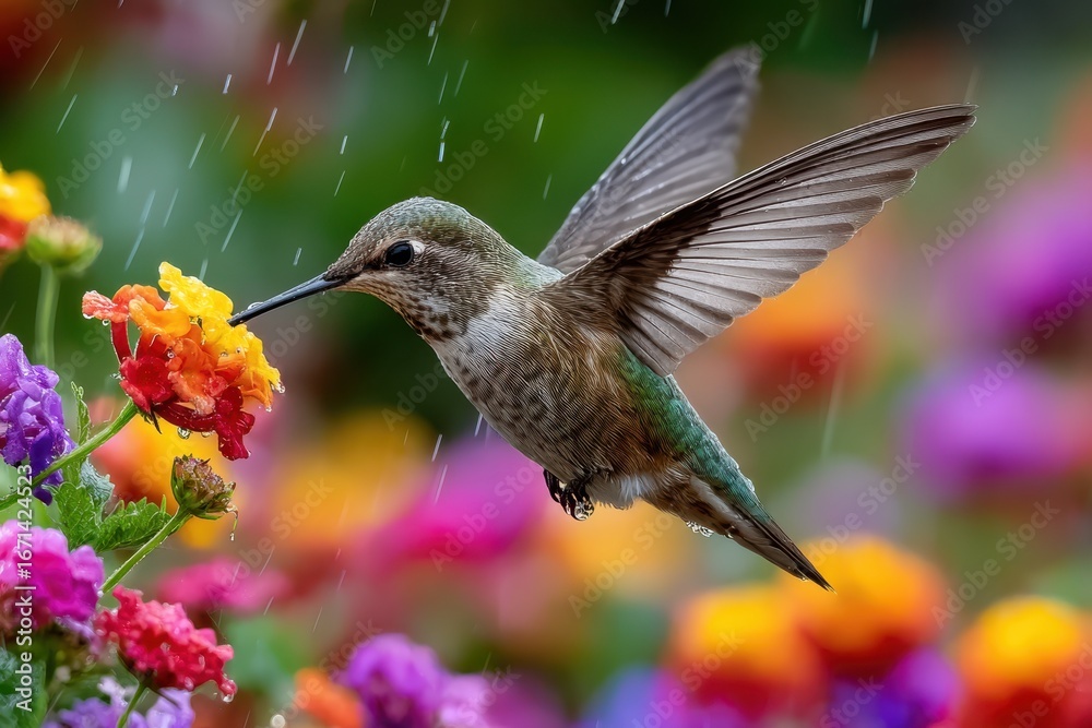Fototapeta premium Hummingbird in gentle rain, sipping nectar from vibrant flower