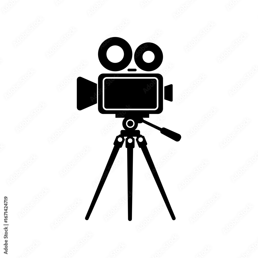 Obraz premium Vintage Black Film Camera on Tripod Isolated on White Background