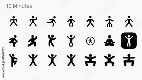 Illustration showing a variety of stick figure poses including walking running yoga and stretching exercises silhouette