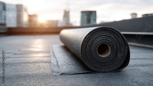 A 4K photo of roll of EPDM rubber material on a modern roof with a slight sheen, waterproofing.