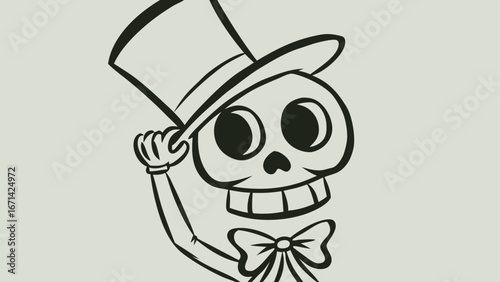 Cartoon skeleton wearing a top hat and bow tie tipping his hat in a friendly gesture outlined image silhouette