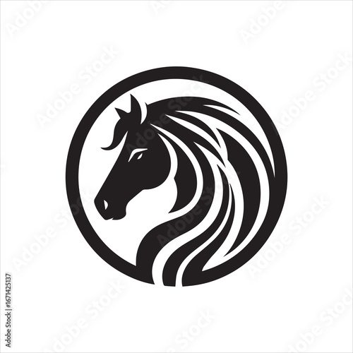 Stylized Black Horse Head Profile with Flowing Mane Encased in Circle.