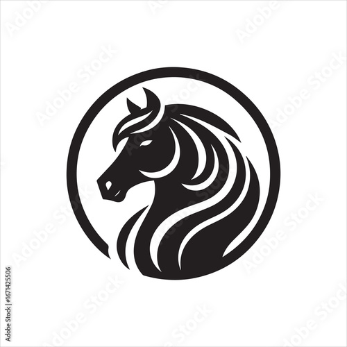 Stylized Black Horse Head with Flowing Mane in Circular Frame.